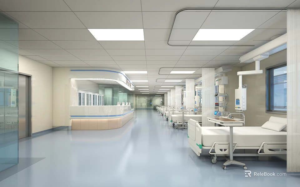 Modern Hospital Ward Layout With Medical Beds Equipment Ceiling Lights Along Corridor And Nurse Station 3d model 