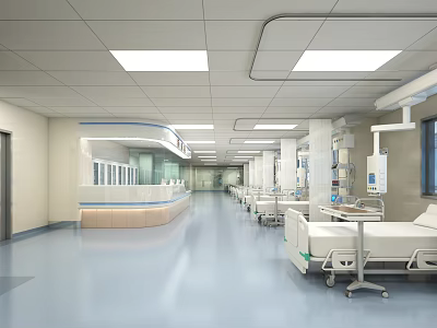 Modern Hospital Ward Layout With Medical Beds Equipment Ceiling Lights Along Corridor And Nurse Station 3d model