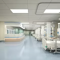 Modern Hospital Ward Layout With Medical Beds Equipment Ceiling Lights Along Corridor And Nurse Station