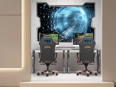 Futuristic Gaming Computer Setup With Dual Monitors Ergonomic Chairs And Tech Background 3d model
