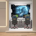 Futuristic Gaming Computer Setup With Dual Monitors Ergonomic Chairs And Tech Background 3d model