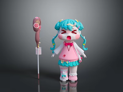 Cartoon Girl With Teal Pigtails And Pink Top Next To Lollipop Shaped Object With Decorations 3d model