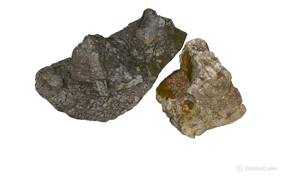 Two Natural Stone Decorative Pieces With Rough Texture And Mossy Surfaces 3d model 