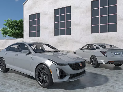 Silver Luxury Sedans Parked By Modern Building With Large Windows Outdoor 3d model
