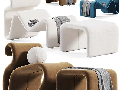 Modern Curved Lounge Chairs In White Brown Blue With Throw Blankets And Ottoman 3d model