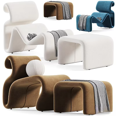 Modern Curved Lounge Chairs In White Brown Blue With Throw Blankets And Ottoman 3d model