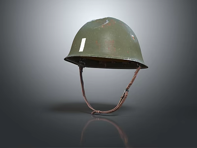 Vintage Green Military Helmet With Worn Surface And Leather Chin Strap 3d model