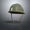 Vintage Green Military Helmet With Worn Surface And Leather Chin Strap