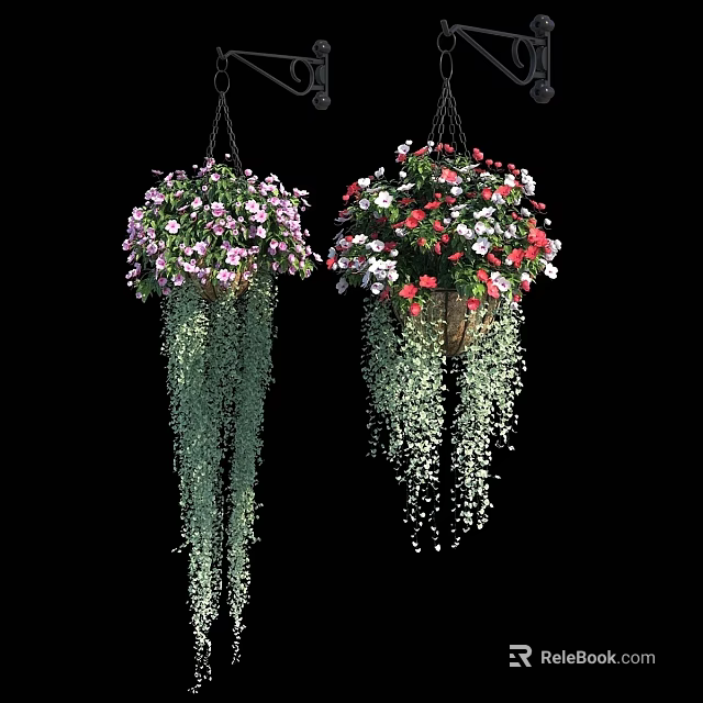 Decorative Hanging Planter Arrangement With Pink Red Flowers And Trailing Green Plants 3d model 