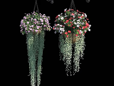 Decorative Hanging Planter Arrangement With Pink Red Flowers And Trailing Green Plants 3d model