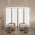 Serene SPA Room Interior With Two Massage Beds White Curtains And Circular Ceiling Light