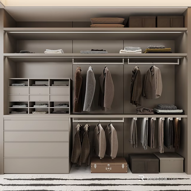 Modern Grey Closet With Hanging Folded Clothes Drawers And Storage Boxes 3d model