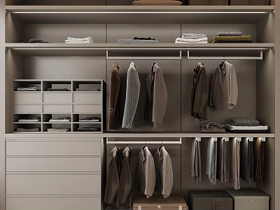 Modern Grey Closet With Hanging Folded Clothes Drawers And Storage Boxes 3d model