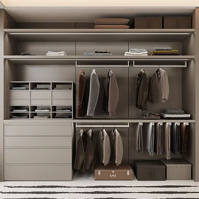 Modern Grey Closet With Hanging Folded Clothes Drawers And Storage Boxes 3d model