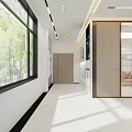 Modern Office Corridor Featuring Blue Wall Reception Desk Hanging Pendant Lights And Glass Door