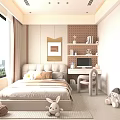 Modern Bedroom Interior With Bed Pillows Large Window Study Desk And Stuffed Toys