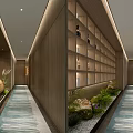 Hotel Corridor Interior With Wooden Walls Built-in Shelves Green Plants And Decorative Carpets