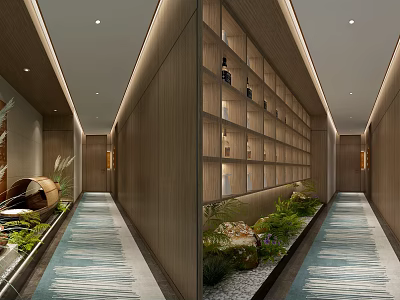 Hotel Corridor Interior With Wooden Walls Built-in Shelves Green Plants And Decorative Carpets 3d model