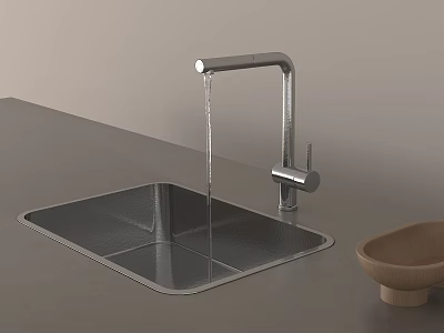 Modern Faucet With Water Flowing Into Sink On Gray Countertop And Wooden Bowl 3d model