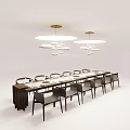 Modern Dining Table Set With Long Table Matching Chairs And Hanging Pendant Lights 3d model
