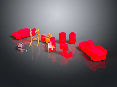 Red Car Model With Various Furniture Models In Miniature Display Setup 3d model