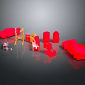 Red Car Model With Various Furniture Models In Miniature Display Setup