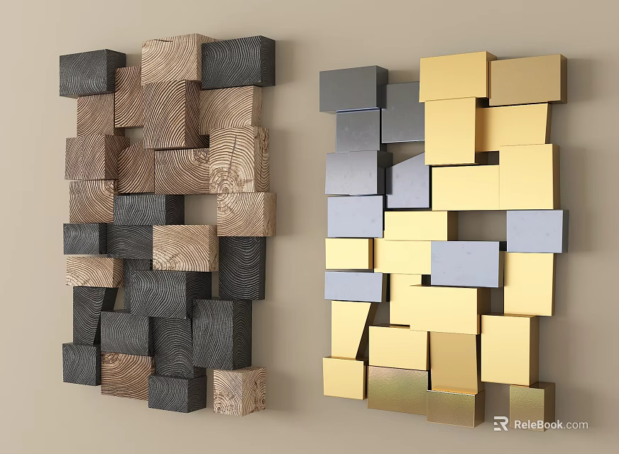 Modern 3D Cube Wall Decor Featuring Various Colored Wooden And Metallic Blocks 3d model