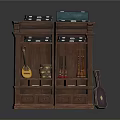 Double Wooden Cabinet Display With Stringed Instrument Small Decorative Items Drawers And Guitar Case