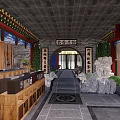 Traditional Chinese Style Teahouse with Red Gate Golden Door Nails Stone Lions and Red Lanterns