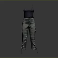 Black Spaghetti Strap Cami Top With Khaki Cargo Pants Drawstring Waist And Utility Pockets