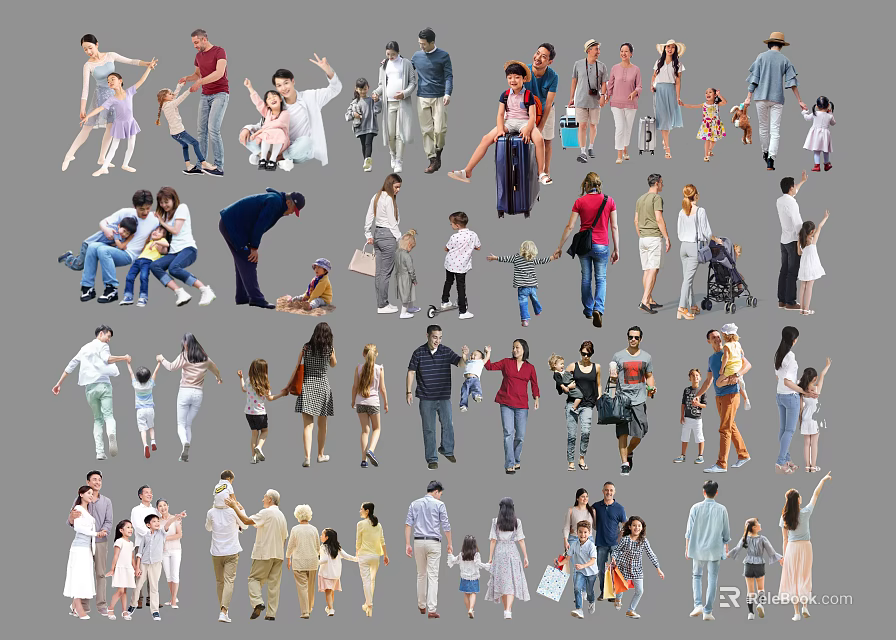 Group Of Diverse People With Children And Adults In Various Poses And Activities 3d model 