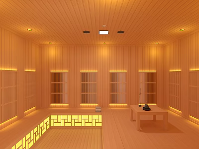 Warm Bright Wooden Sauna Interior With Lattice Doors Yellow Lighting And Small Table 3d model