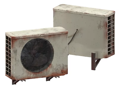 Old Rusted Outdoor Air Conditioner Fan Units With Off White Grilles And Black Blades 3d model