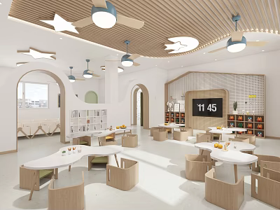Bright Kindergarten Interior With Star Lights Round Tables And Chairs 3d model