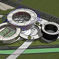 Modern Circular Architectural Complex Illuminated in Urban Area With Greenery and Roads 3d model