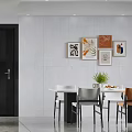 Modern Restaurant Interior With White Cabinets Glass Doors Silver Refrigerator Dining Table And Chairs