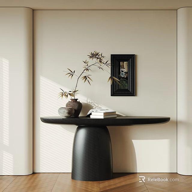 Modern Console Table With Black Pedestal Round Top Vase Bamboo Books And Wall Mirror 3d model 