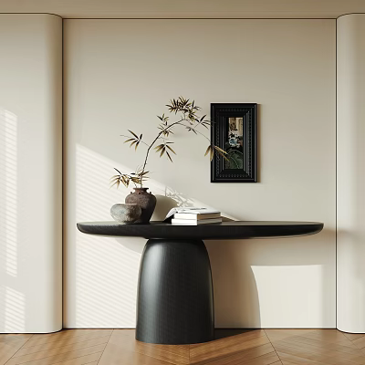 Modern Console Table With Black Pedestal Round Top Vase Bamboo Books And Wall Mirror 3d model