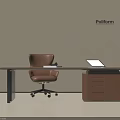 Modern Poliform Office Desk With Brown Chair Laptop And Leather Drawer Cabinet