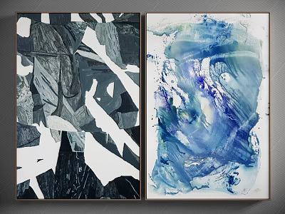 Modern Wall Decor With Black White Geometric Patterns And Blue Abstract Watercolor Paintings 3d model