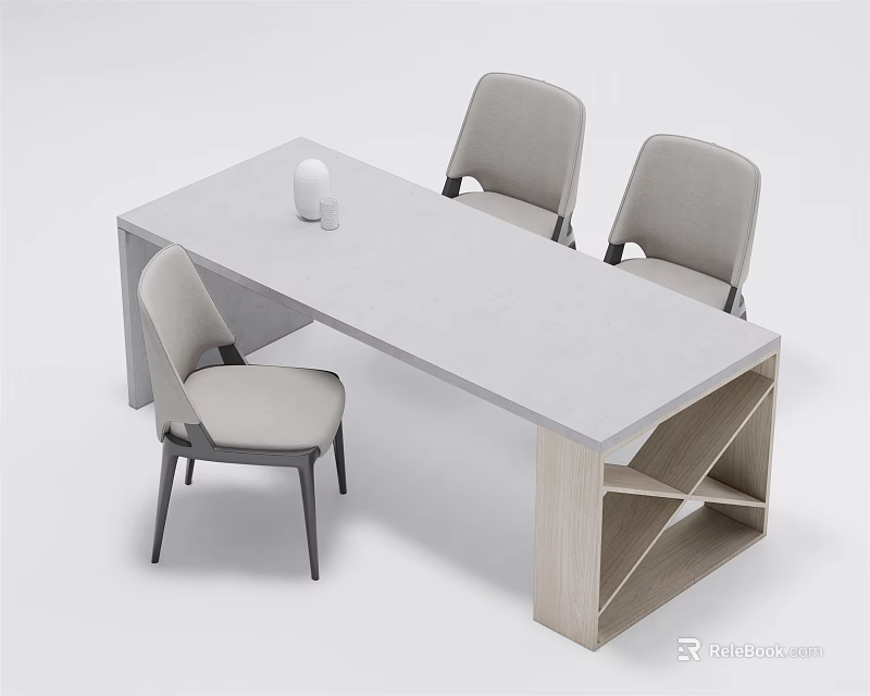 Modern Dining Table Set With Light Gray Chairs And Minimalist Wooden Base Design 3d model 