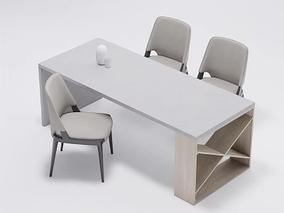 Modern Dining Table Set With Light Gray Chairs And Minimalist Wooden Base Design 3d model