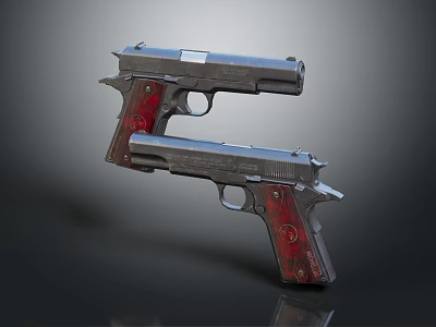 Two Tactical Handguns With Metal Body And Red Grips Displayed On Dark Surface 3d model
