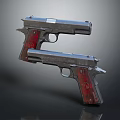Two Tactical Handguns With Metal Body And Red Grips Displayed On Dark Surface