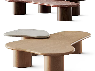 Modern Wooden Coffee Table With Irregular Top And Cylindrical Wood Legs Design 3d model