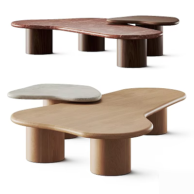Modern Wooden Coffee Table With Irregular Top And Cylindrical Wood Legs Design 3d model