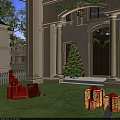 Festive Christmas Porch With Lit Tree Red Gift Boxes And Green Lawn