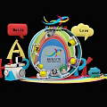 Colorful International Kindergarten With Rainbow Arch Hello Love HAPPY Letters ABC Blocks And Smiley Faces