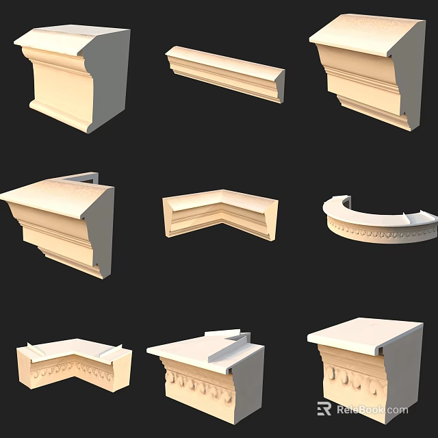Various Crown Molding Styles Featuring Corner Curved And Straight Architectural Decor Elements 3d model