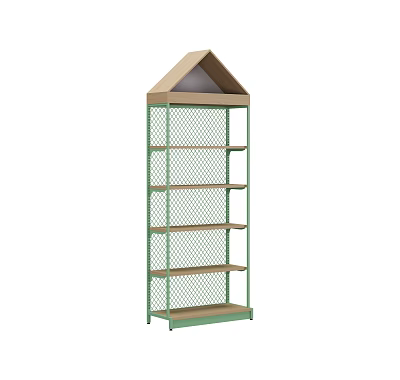 Green Frame Display Shelf With Multiple Shelves And House Shaped Roof Mesh Sides 3d model